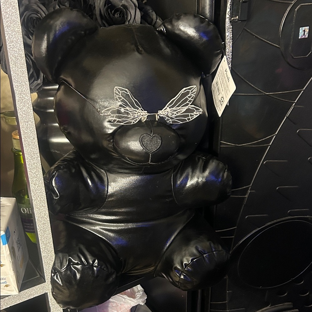 Black Faux Leather viral valentines Teddy Bear with Butterfly Design glasses